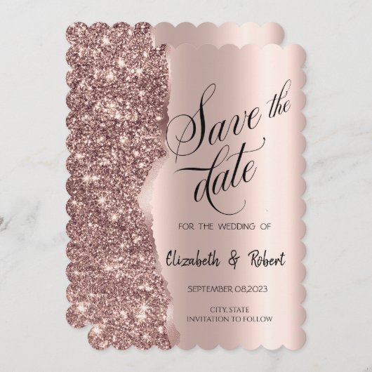 Elegante Rose Gold Glitzer Script Save the Date (Vorne/Hinten)