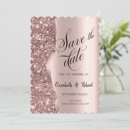 Elegante Rose Gold Glitzer Script Save the Date (Stehend Vorderseite)