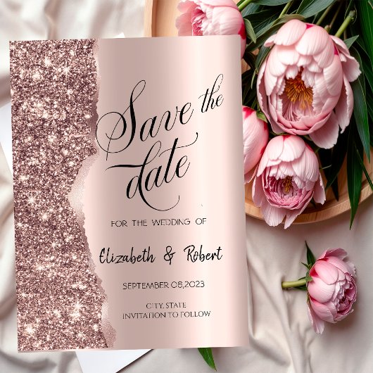 Elegante Rose Gold Glitzer Script Save the Date