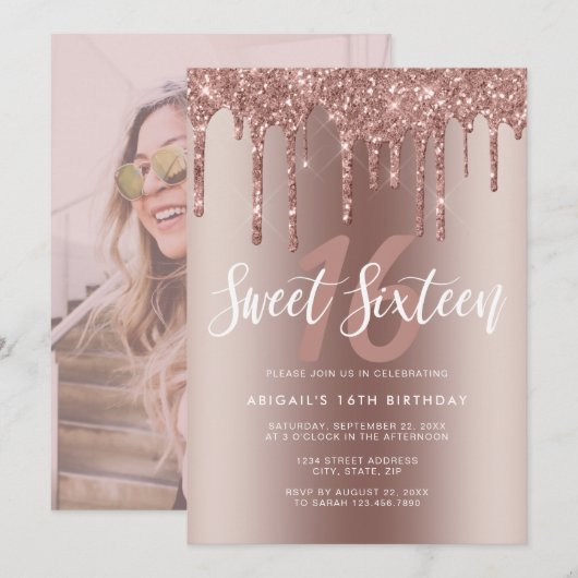 Elegante Rose Gold Glitzer Tropfen 16 . Geburtstag Einladung (Vorne/Hinten)