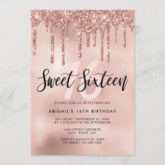 Elegante Rose Gold Glitzer Tropfen 16 . Geburtstag Einladung