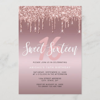 Elegante Rose Gold Glitzer Tropfen 16 . Geburtstag Einladung