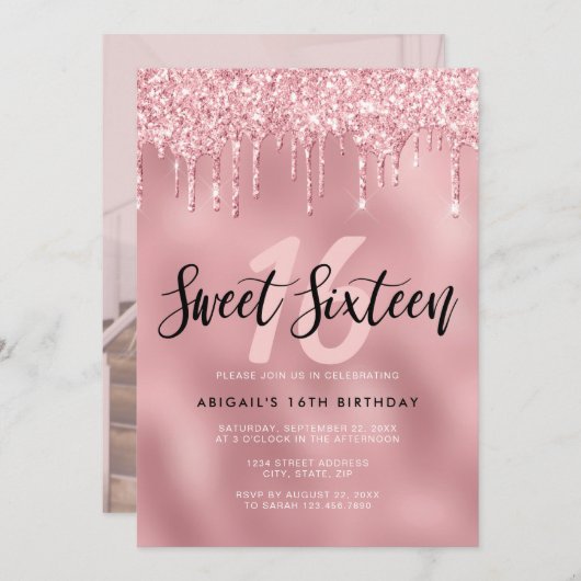 Elegante Rose Gold Glitzer Tropfen 16 . Geburtstag Einladung (Vorne/Hinten)