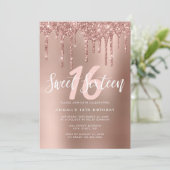 Elegante Rose Gold Glitzer Tropfen 16 . Geburtstag Einladung (Stehend Vorderseite)