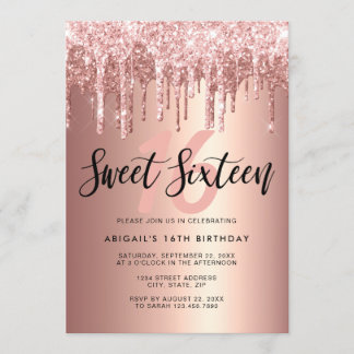 Elegante Rose Gold Glitzer Tropfen 16 . Geburtstag Einladung