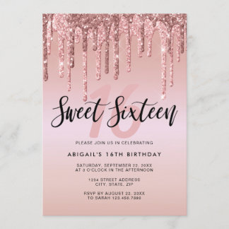 Elegante Rose Gold Glitzer Tropfen 16 . Geburtstag Einladung