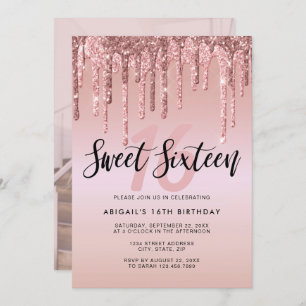 Elegante Rose Gold Glitzer Tropfen 16 . Geburtstag Einladung