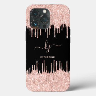 Elegante Rose Gold Glitzer Tropfen 2 Monogramm Scr iPhone 13 Pro Hülle