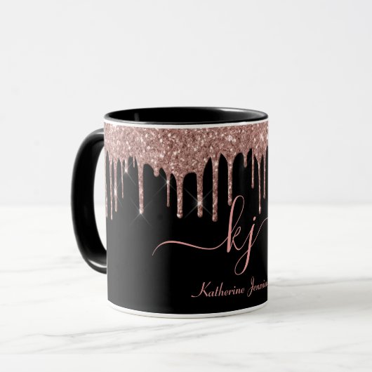 Elegante Rose Gold Glitzer Tropfen 2 Monogramm Scr Tasse (Vorderseite Links)