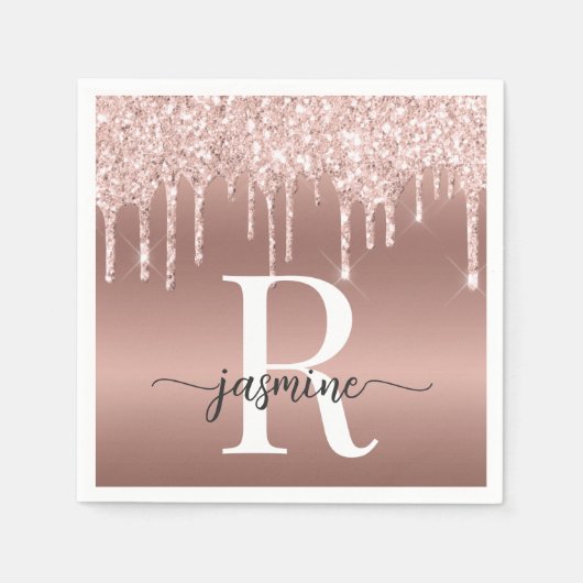 Elegante Rose Gold Glitzer Tropfen Metal Monogram Serviette (Vorderseite)