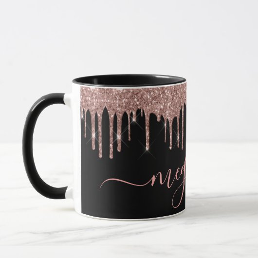 Elegante Rose Gold Glitzer Tropfen Monogram Script Tasse (Links)