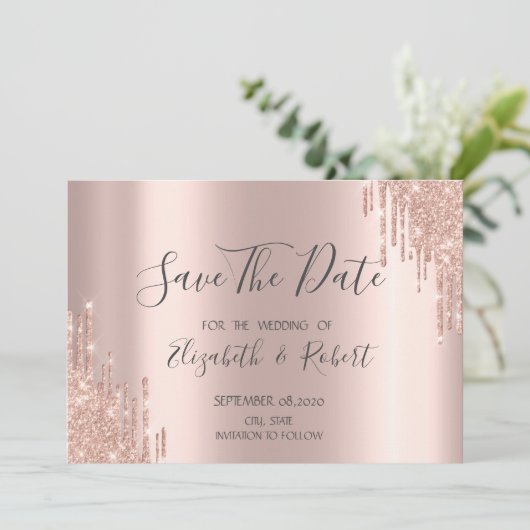 Elegante Rose Gold Glitzer Tropfen Save the Date (Stehend Vorderseite)