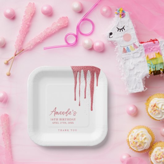 Elegante Rose Gold Glitzer Tropfen Sweet 16 Geburt Pappteller (Party)