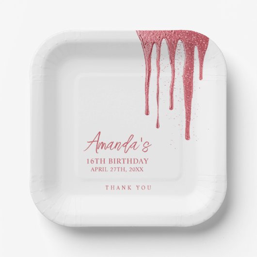 Elegante Rose Gold Glitzer Tropfen Sweet 16 Geburt Pappteller (Vorderseite)