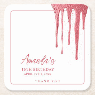Elegante Rose Gold Glitzer Tropfen Sweet 16 Geburt Rechteckiger Pappuntersetzer