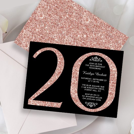 Elegante Rose Gold Glitzer Typografie 20. Geburtst Einladung