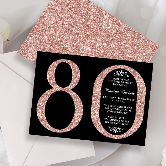 Elegante Rose Gold Glitzer Typografie 80. Geburtst Einladung