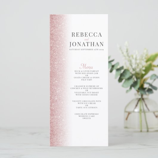 Elegante Rose Gold Glitzer Wedding Menu Card (Stehend Vorderseite)