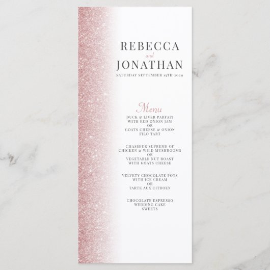 Elegante Rose Gold Glitzer Wedding Menu Card (Vorderseite)