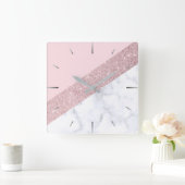 elegante Rose Gold Glitzer weiß Marmor Rosa Quadratische Wanduhr (Zuhause)