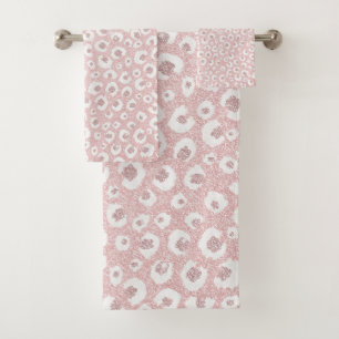Elegante Rose Gold Glitzer White Leopard Print Badhandtuch Set