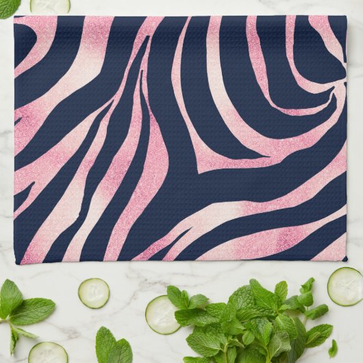 Elegante Rose Gold Glitzer Zebra Blauer Tierdruck Geschirrtuch (Gefaltet)
