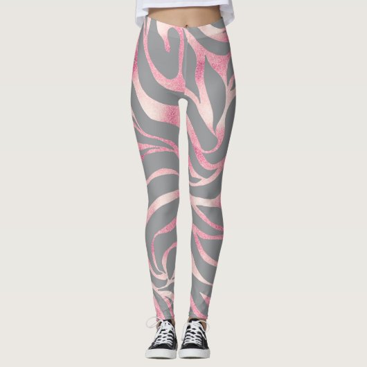 Elegante Rose Gold Glitzer Zebra Gray Animal Print Leggings (Vorderseite)