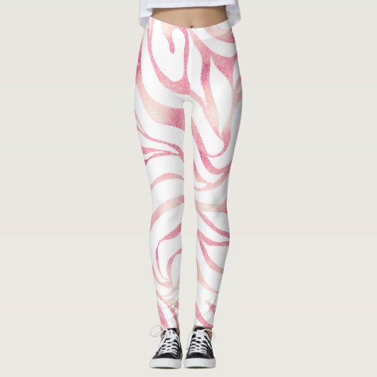 Elegante Rose Gold Glitzer Zebra Weißes Tier Print Leggings (Vorderseite)