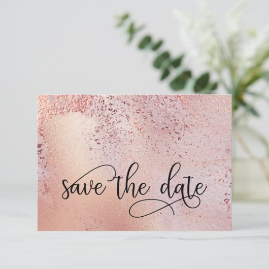 Elegante Rose Gold Imitate Fossilien und Glitzer Save The Date (Stehend Vorderseite)