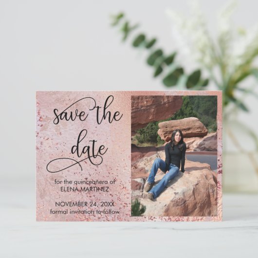 Elegante Rose Gold Imitate Foto Save The Date (Stehend Vorderseite)