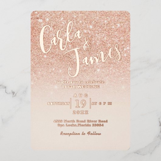 Elegante Rose Gold Imitate Glitzer chic Wedding Folieneinladung (Vorderseite)