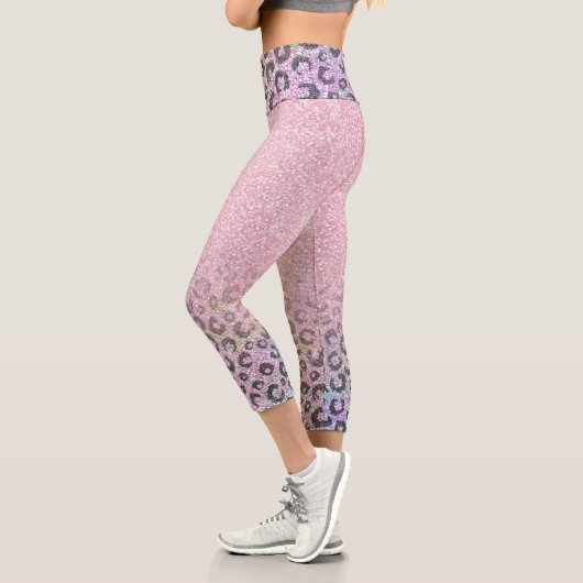 Elegante Rose Gold Iridescent Glitzer Leopard Prin Capri Leggings (Links)
