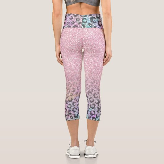 Elegante Rose Gold Iridescent Glitzer Leopard Prin Capri Leggings (Rückseite)