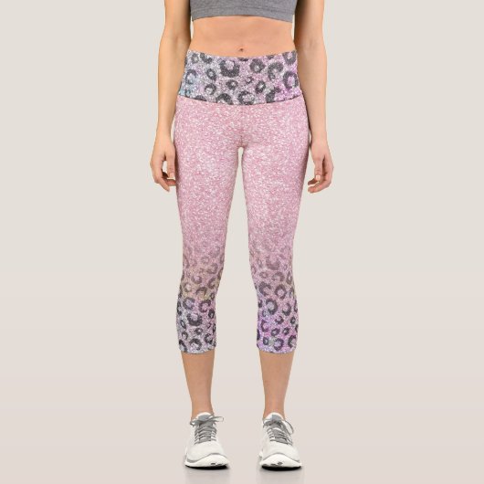Elegante Rose Gold Iridescent Glitzer Leopard Prin Capri Leggings (Vorderseite)