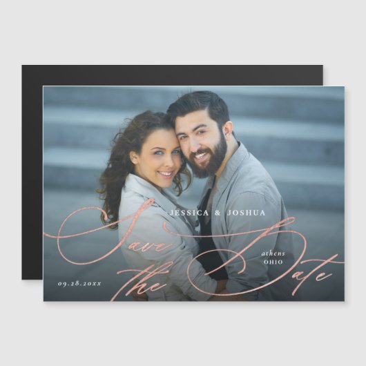 Elegante Rose Gold-Kalligrafie Sichern Sie das Dat Magneteinladung (Vorne/Hinten)
