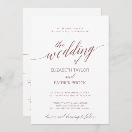 Elegante Rose Gold-Kalligraphie in einer Hochzeit Einladung (Vorne/Hinten)