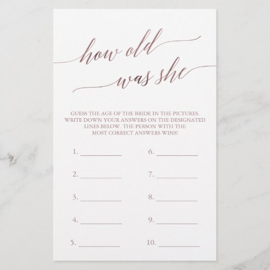 Elegante Rose Gold Kalligraphie wie alt war sie (Vorderseite)