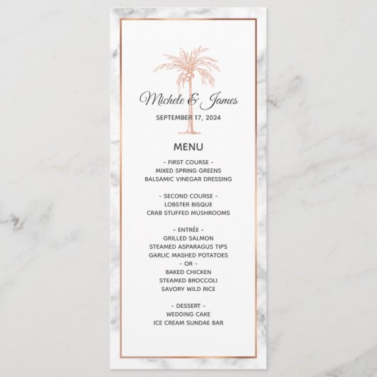 Elegante Rose Gold Kupfer Palmen Tree Marmorhochze Menükarte (Vorderseite)