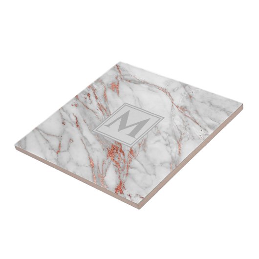 Elegante Rose Gold Kupfer Weißes Marmor Monogramm Fliese (Seite)