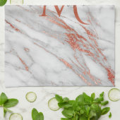 Elegante Rose Gold Kupfer Weißes Marmor Monogramm Geschirrtuch (Gefaltet)