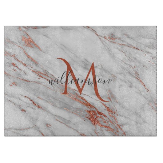 Elegante Rose Gold Kupfer Weißes Marmor Monogramm Schneidebrett (Vorderseite)