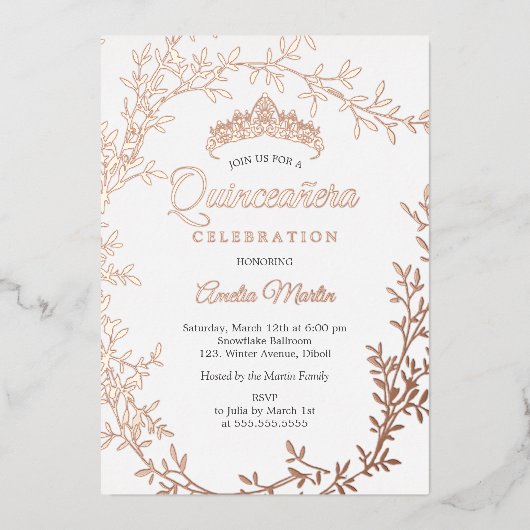 Elegante Rose Gold Leaf Wreath Quinceanera Folieneinladung (Vorderseite)