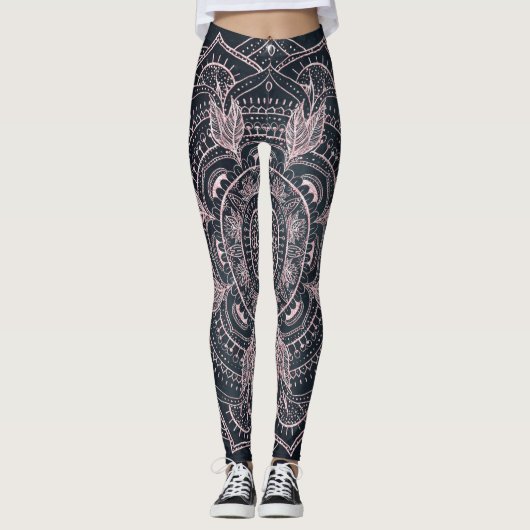 Elegante Rose Gold Mandala Gray Nebel Design Leggings (Vorderseite)