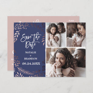 Elegante Rose Gold Marine 3 Foto Save the Date Ankündigungspostkarte