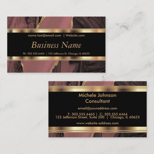 Elegante Rose Gold Marmor und Gold Visitenkarte (Vorne/Hinten)