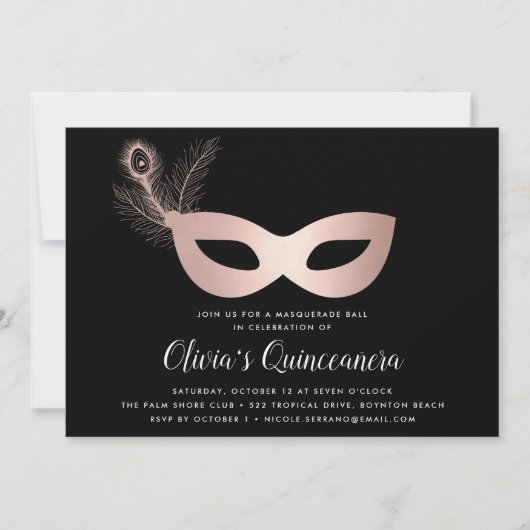 Elegante Rose Gold Masquerade Theme Quinceanera Einladung (Vorderseite)