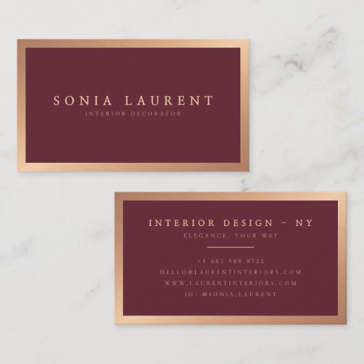 Elegante Rose Gold Metallische Marsala Rot minimal Visitenkarte (Vorne/Hinten)