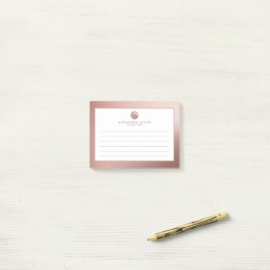 Elegante Rose Gold Minimal Monogram Lined Post-it Klebezettel (Auf Schreibtisch)