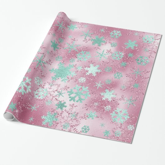 Elegante Rose Gold Mint Weihnachten Schneeflocken Geschenkpapier (Ungerollt)
