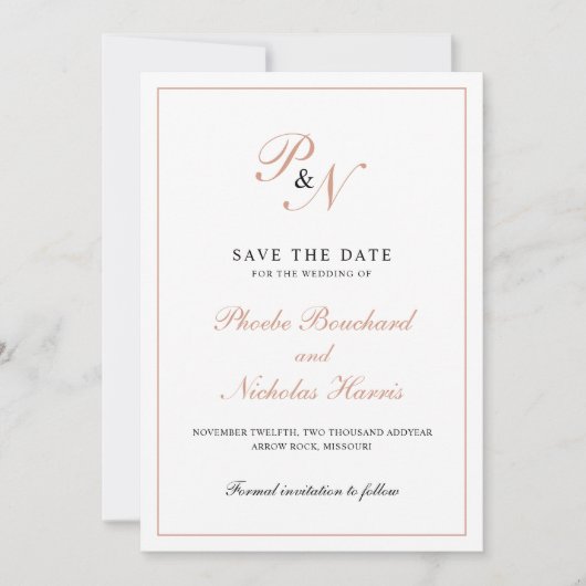 Elegante Rose Gold Monogram Formal Wedding Save The Date (Vorderseite)
